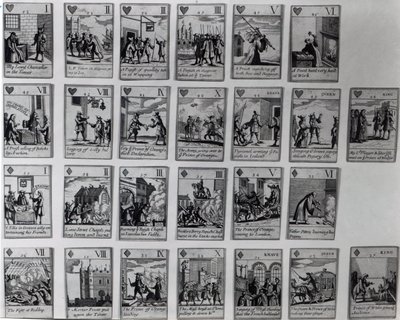 Spielkarten, die Episoden der Glorious Revolution von 1688-89 darstellen, ca. 1689 von English School
