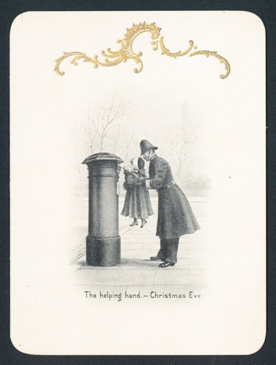 Polizist hebt Mädchen am Briefkasten hoch, Weihnachtskarte von English School