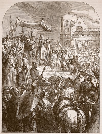 Papst Urban II. predigt den Ersten Kreuzzug auf dem Marktplatz von Clermont, 1096, Illustration aus Cassells Illustrierter Geschichte Englands von English School