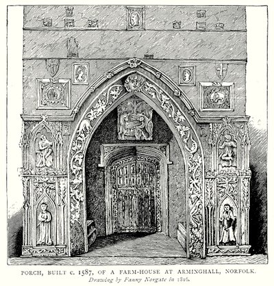 Vorhalle, erbaut um 1587, eines Bauernhauses in Arminghall, Norfolk von English School