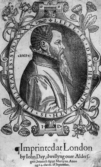 Porträt von John Day, Frontispiz zu Foxes Book of Martyrs, 1564 von English School