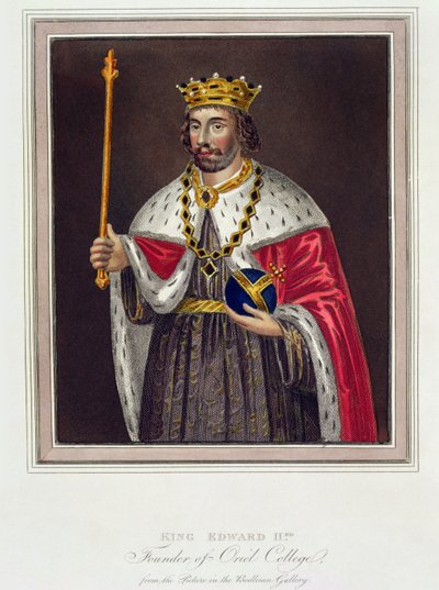 Porträt von König Edward II (1284-1327), Gründer des Oriel College, nach einem Gemälde in der Bodleian Library (Farbstich) von English School