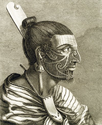 Porträt eines Maori-Mannes mit Ta Moko-Tattoos von English School