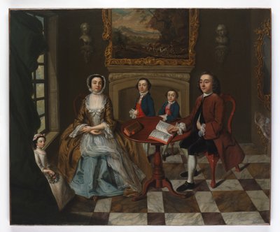 Porträt einer Familie in einem Innenraum, vermutlich die Familie Roubel, 1750er Jahre von English School