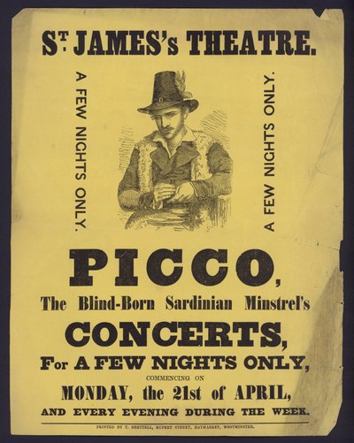 Plakat, das Konzerte von Picco, einem blinden sardischen Minnesänger, im St. James