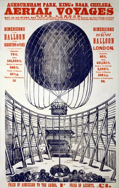 Poster zur Förderung von "Luftreisen über London", veröffentlicht 1867 (Farblithographie) von English School