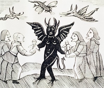 Kinder dem Teufel vorstellen, Kopie einer Illustration aus The Witch of the Woodlands verwendet in einer Sammlung von Chapbooks über Esoterik von English School