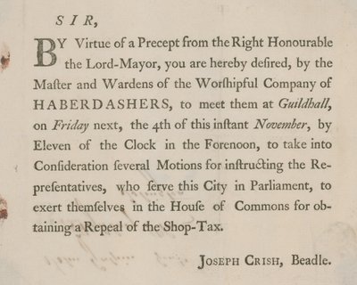 Gedruckter Brief von Joseph Crish, Gemeindebeamter von Guildhall, London von English School