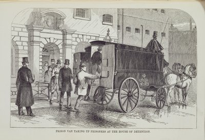 Gefängniswagen, der Gefangene im Haus der Haft aufnimmt, aus The Criminal Prisons of London and Scenes of Prison Life von Henry Mayhew (1812-87) und John Binny, 1862 von English School