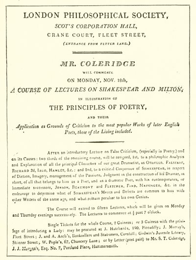 Programm von Coleridges Vorlesungen von 1808 von English School