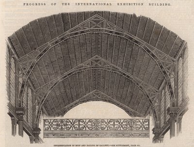 Fortschritt am Internationalen Ausstellungsgebäude; Verzierung von Dach und Geländer der Galerie von English School