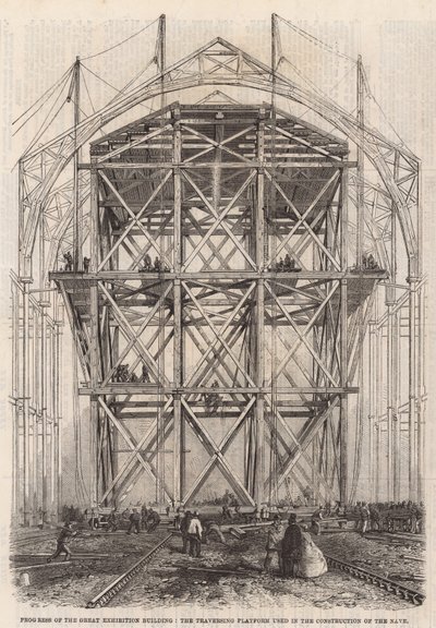 Fortschritt am Internationalen Ausstellungsgebäude; Die fahrbare Plattform, die beim Bau des Schiffs verwendet wurde von English School