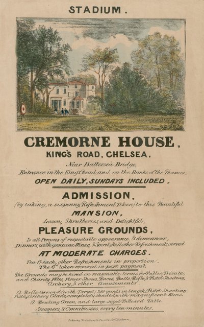 Werbeflyer für das Stadion, Cremorne House, Kings Road, Chelsea, London von English School