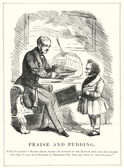 Lob und Pudding: Prinz Albert belohnt Joseph Paxton für die Gestaltung des Kristallpalastes zur Unterbringung der erfolgreichen Großen Ausstellung von 1851 im Hyde Park, London (Stich) von English School