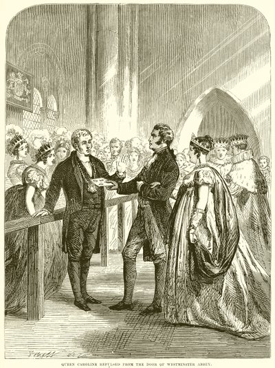 Königin Caroline von der Tür der Westminster Abbey zurückgewiesen von English School