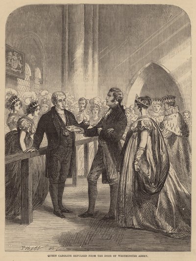 Königin Caroline wird von der Tür der Westminster Abbey abgewiesen von English School