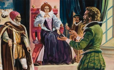 Königin Elizabeth I (1533-1603) und Sir Francis Drake (1540-96) von English School