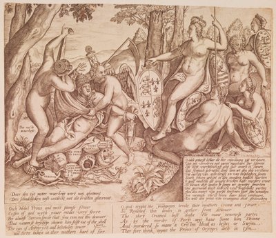Königin Elisabeth I. von England als Göttin Diana, sitzend im Urteil über Papst Gregor XIII. von English School