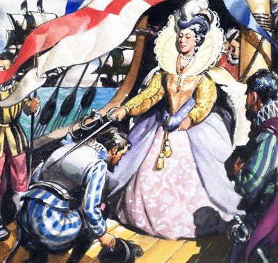 Königin Elizabeth und Francis Drake von English School