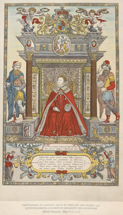 Königin Elizabeth als Schirmherrin der Geographie und Astronomie. Frontispiz zu Saxtons Atlas von England und Wales von 1579 von English School