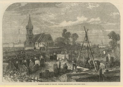 Eisenbahnarbeiten im alten St Pancras Kirchhof von English School