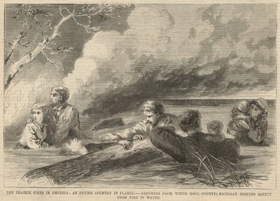 Flüchtlinge aus White Rock, County Michigan, suchen Sicherheit vor dem Feuer im Wasser von English School