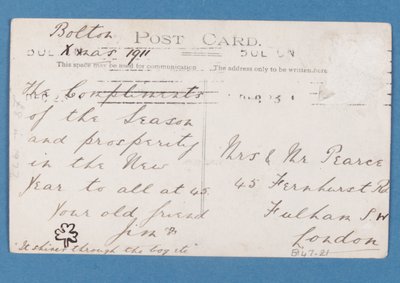 Rückseite der Postkarte der Spieler von Bolton Wanderers FC, 1911-12 von English School