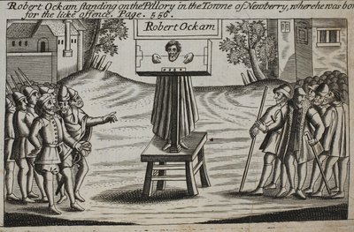 Robert Ockam auf dem Pranger in der Stadt Newberry, wo er geboren wurde, Illustration aus Acts and Monuments von John Foxe, neunte Ausgabe, veröffentlicht 1684 von English School