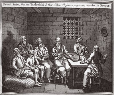Robert Smith, George Tankerfield und ihre Mitgefangenen, die in Newgate miteinander konferieren, Illustration aus Foxes Märtyrer, ca. 1703 von English School