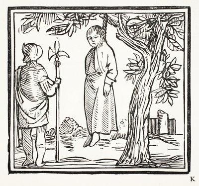Robert erhängt sich, Illustration aus Chap-books des achtzehnten Jahrhunderts von John Ashton, veröffentlicht 1882 von English School