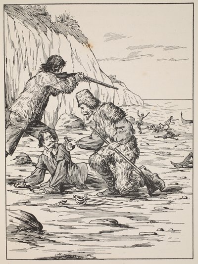 Robinson Crusoe und Freitag retten den Spanier, Illustration aus Die Geschichte von Robinson Crusoe: Eine Adaption für Kinder nach Defoes Sprache, veröffentlicht von Griffith Farran Browne & Co. Limited, London von English School