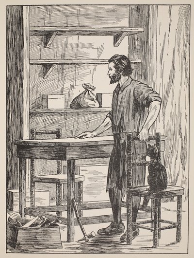 Robinson Crusoe baut Tisch und Stühle für seine Höhle, Illustration aus Die Geschichte von Robinson Crusoe: Eine Adaption für Kinder nach Defoes Sprache, veröffentlicht von Griffith Farran Browne & Co. Limited von English School