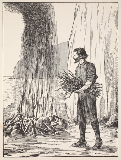 Robinson Crusoe kocht, Illustration aus Die Geschichte von Robinson Crusoe: Eine Adaption für Kinder nach Defoes Sprache, veröffentlicht von Griffith Farran Browne & Co. Limited, London von English School