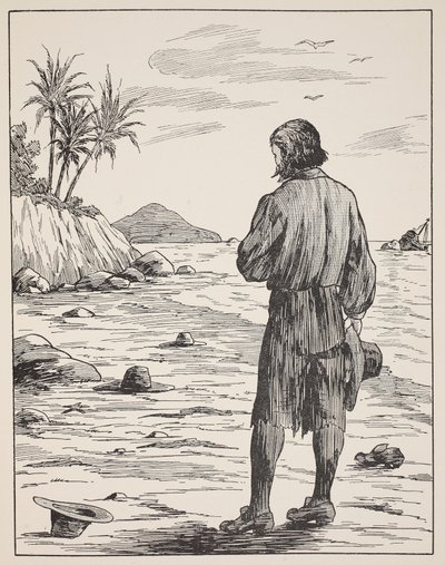 Robinson Crusoe auf seiner Insel, Illustration aus Die Geschichte von Robinson Crusoe: Eine Adaption für Kinder nach Defoes Sprache, veröffentlicht von Griffith Farran Browne & Co. Limited, London von English School