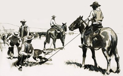 Einfangen und Brandmarken von Rindern im Wilden Westen von English School