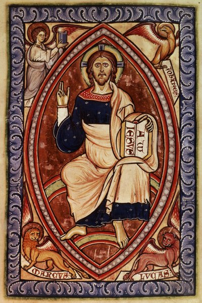Christus in Majestät mit Symbolen der Evangelisten, aus dem Westminster Psalter von English School