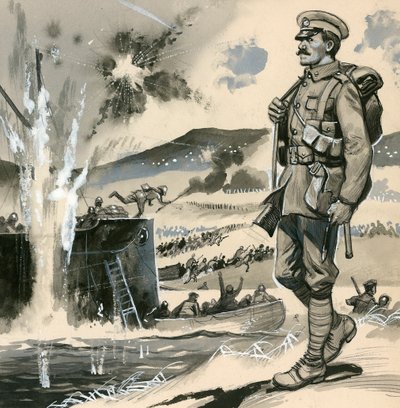 Royal Marines bei den amphibischen Landungen an den Dardanellen 1915 von English School