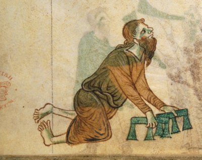 Ein verkrüppelter Mann, der auf seinen Knien kriecht, aus 