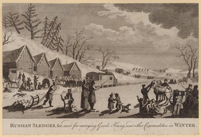Russische Schlitten usw. zum Transport von Waren, Brennholz und anderen Gütern im Winter (Stich) von English School