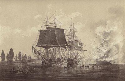 Russisches Schiff Vsevolod zerstört in Anwesenheit der russischen Flotte nach dem Gefecht mit der HMS Implacable, angegliedert an die schwedische Marine und kommandiert von Kapitän Thomas Byam Martin, in der Ostsee, 26. August 1808 von English School