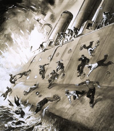 Matrosen fliehen von der HMS Natal, die 1915 im Cromerty Firth Feuer fing von English School