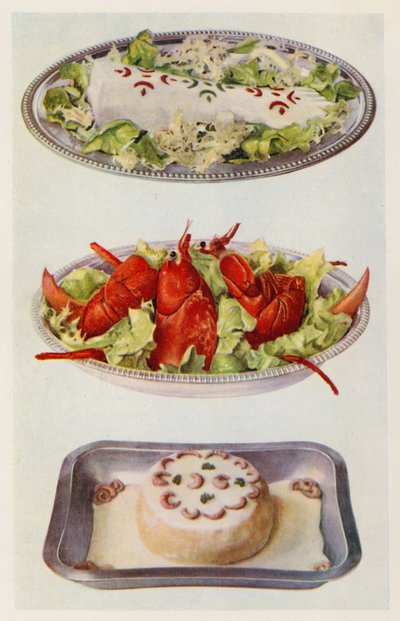 Lachs-Mayonnaise; Hummersalat; Fischsoufflé von English School