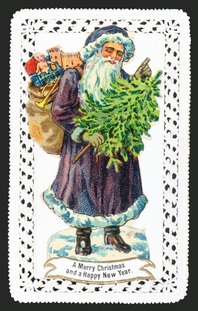 Weihnachtsmann mit Spielzeugsack und Baum, Weihnachtskarte von English School