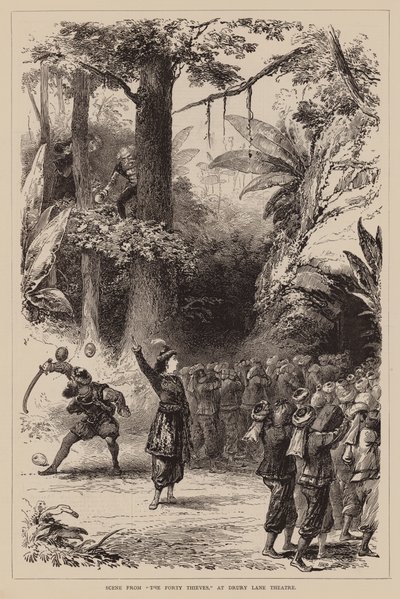 Szene aus "Die vierzig Räuber" im Drury Lane Theatre (Gravur) von English School