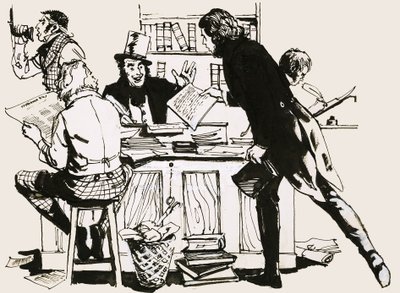Szene aus dem Büro eines Zeitungsredakteurs von früher von English School