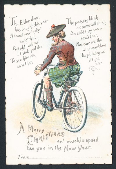 Schotte auf Fahrrad, Weihnachtskarte von English School