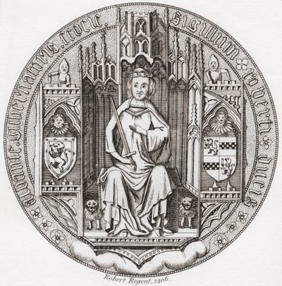 Siegel von Robert Stewart, Herzog von Albany, ca. 1340 – 1420. Mitglied des schottischen Königshauses, Regent, Gouverneur von Schottland, Herzog von Albany, Earl of Fife & Menteith. Aus Iconographia Scotica oder Porträts berühmter Personen Schottlands, ver von English School