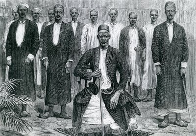 Sekebobo, Häuptling von Chagwe, Mtesa, Häuptling von Uganda, Chambarango und Pokino, der Premierminister (Gravur) von English School