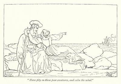 Shakespeares Der Sturm; Miranda bittet ihren Vater, den Wind zu beruhigen (Gravur) von English School