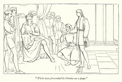 Shakespeares Was ihr wollt; Der Hauptmann stellt Viola Orsino vor von English School